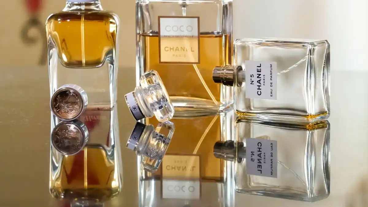 Frascos de perfume alinhados representando escolha por concentração e família olfativa