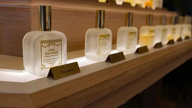 Frascos de perfume alinhados em prateleira organizada — ilustra armazenamento adequado longe de luz direta