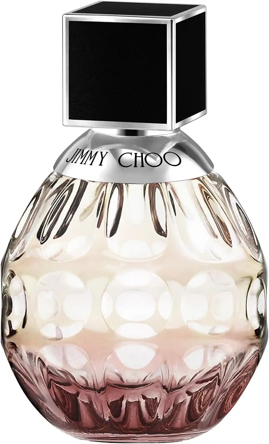 Frasco facetado do Jimmy Choo Eau de Parfum feminino com tampa cubo preta e detalhes prateados
