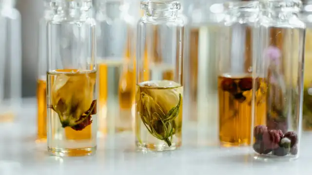 Frasco sofisticado de Extrait de Parfum em ambiente escuro e elegante, simbolizando a fragrância mais concentrada