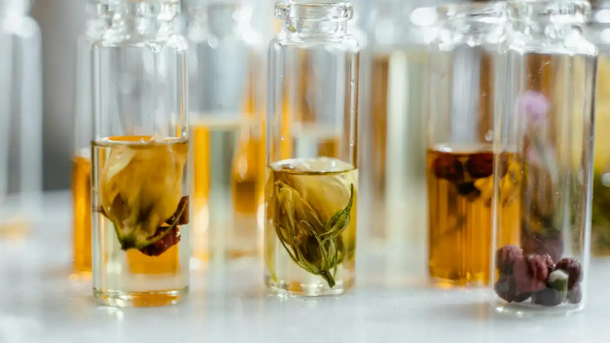 Frasco sofisticado de Extrait de Parfum em ambiente escuro e elegante, simbolizando a fragrância mais concentrada