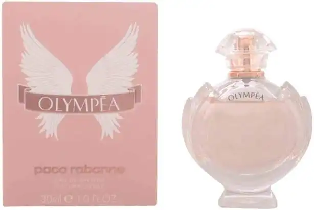 Frasco do Paco Rabanne Olympéa ao lado da caixa rosa com asas