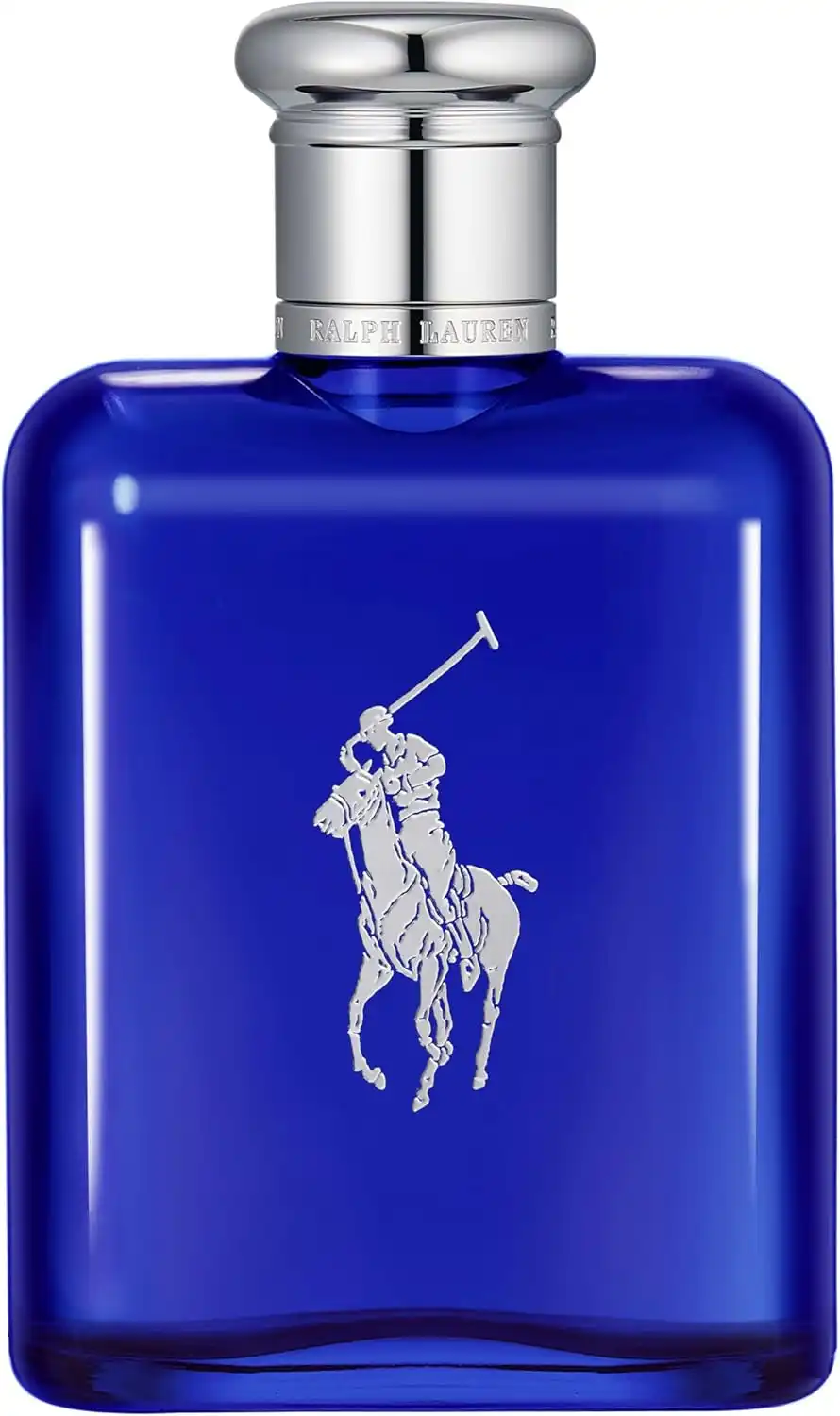 Frasco azul cobalto do Ralph Lauren Polo Blue masculino com logo do cavaleiro de polo em prata