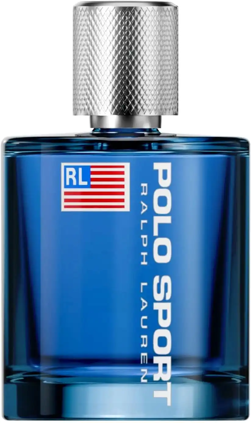 Frasco azul do Ralph Lauren Polo Sport masculino com bandeira RL e tampa prateada